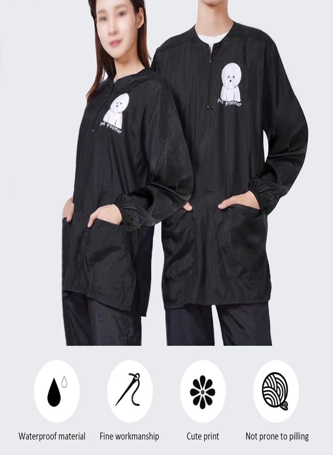 EHERDM Waterproof Pet Grooming Smock with Zipper Long Sleeves Pet Grooming Work Clothes with Two Pockets Dog Cosmetologist Uniforms Smocks for Women Men Bichon M - Image 3